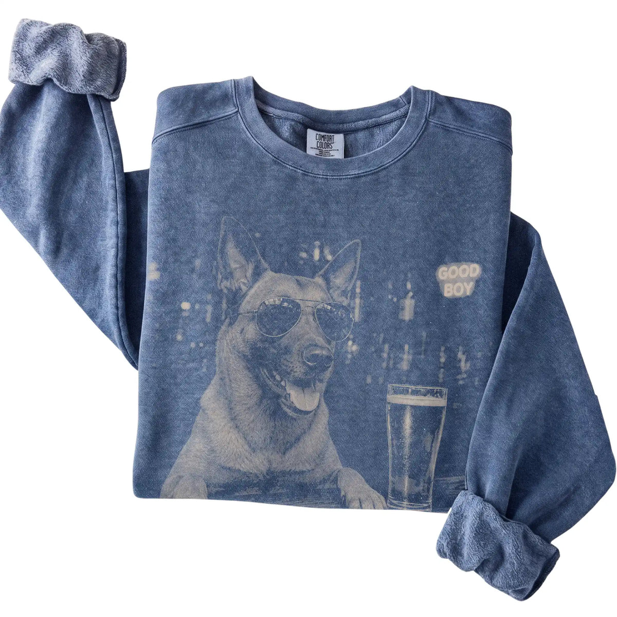 Denim Belgian Malinois at a bar beside a pint, folded detail view