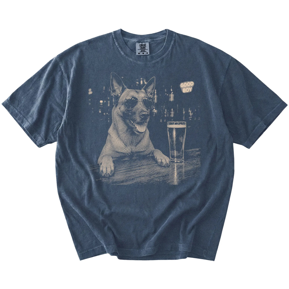 Denim Belgian Malinois at a bar beside a pint, laid flat