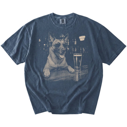 Denim Belgian Malinois at a bar beside a pint, laid flat