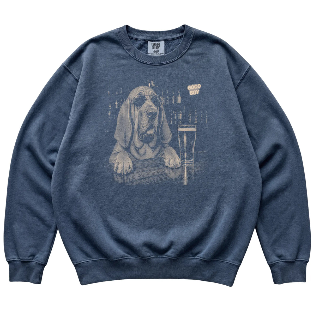 Denim Bloodhound at a bar beside a pint, laid flat