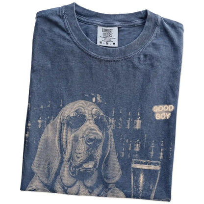 Denim Bloodhound at a bar beside a pint, folded detail view