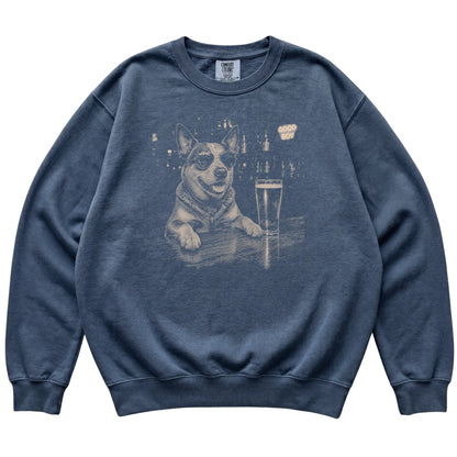 Denim Blue Heeler at a bar beside a pint, laid flat