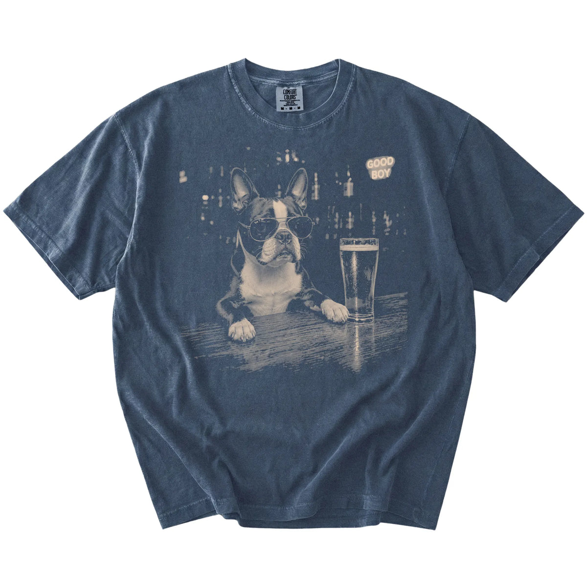 Denim Boston Terrier at a bar beside a pint, laid flat