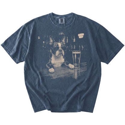 Denim Boston Terrier at a bar beside a pint, laid flat