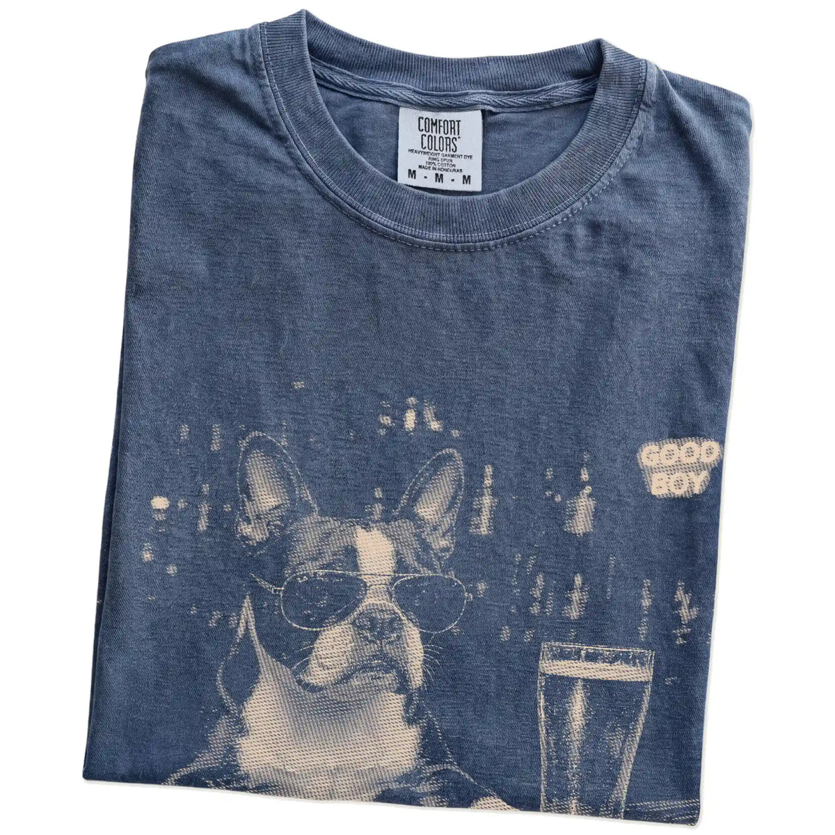 Denim Boston Terrier at a bar beside a pint, folded detail view