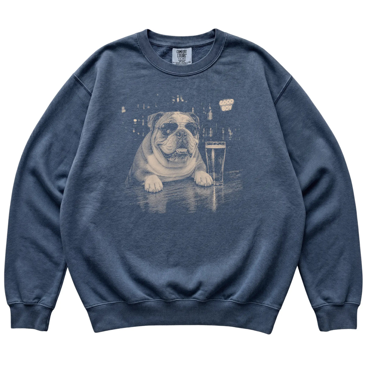 Denim English Bulldog at a bar beside a pint, laid flat