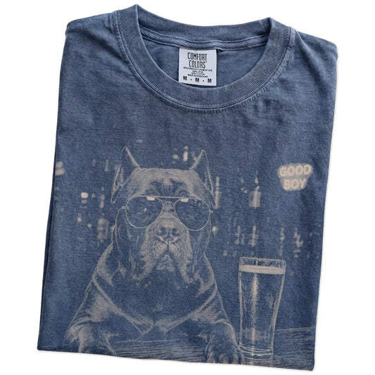Denim Cane Corso at a bar beside a pint, folded detail view