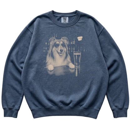 Denim Collie at a bar beside a pint, laid flat