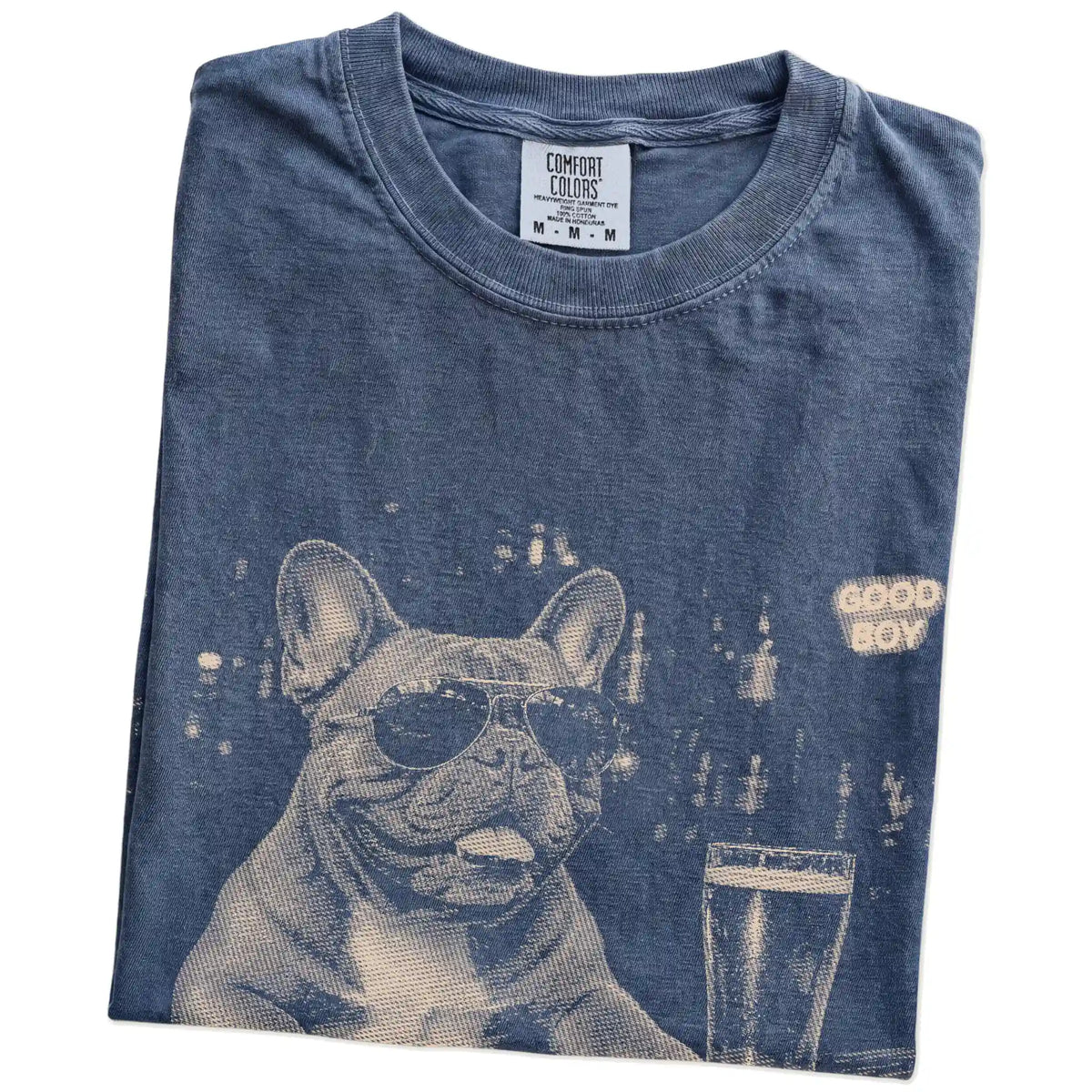 Denim Frenchie at a bar beside a pint, folded detail view