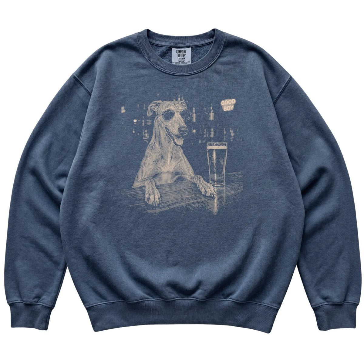 Denim Greyhound at a bar beside a pint, laid flat