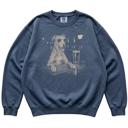 Denim Greyhound at a bar beside a pint, laid flat