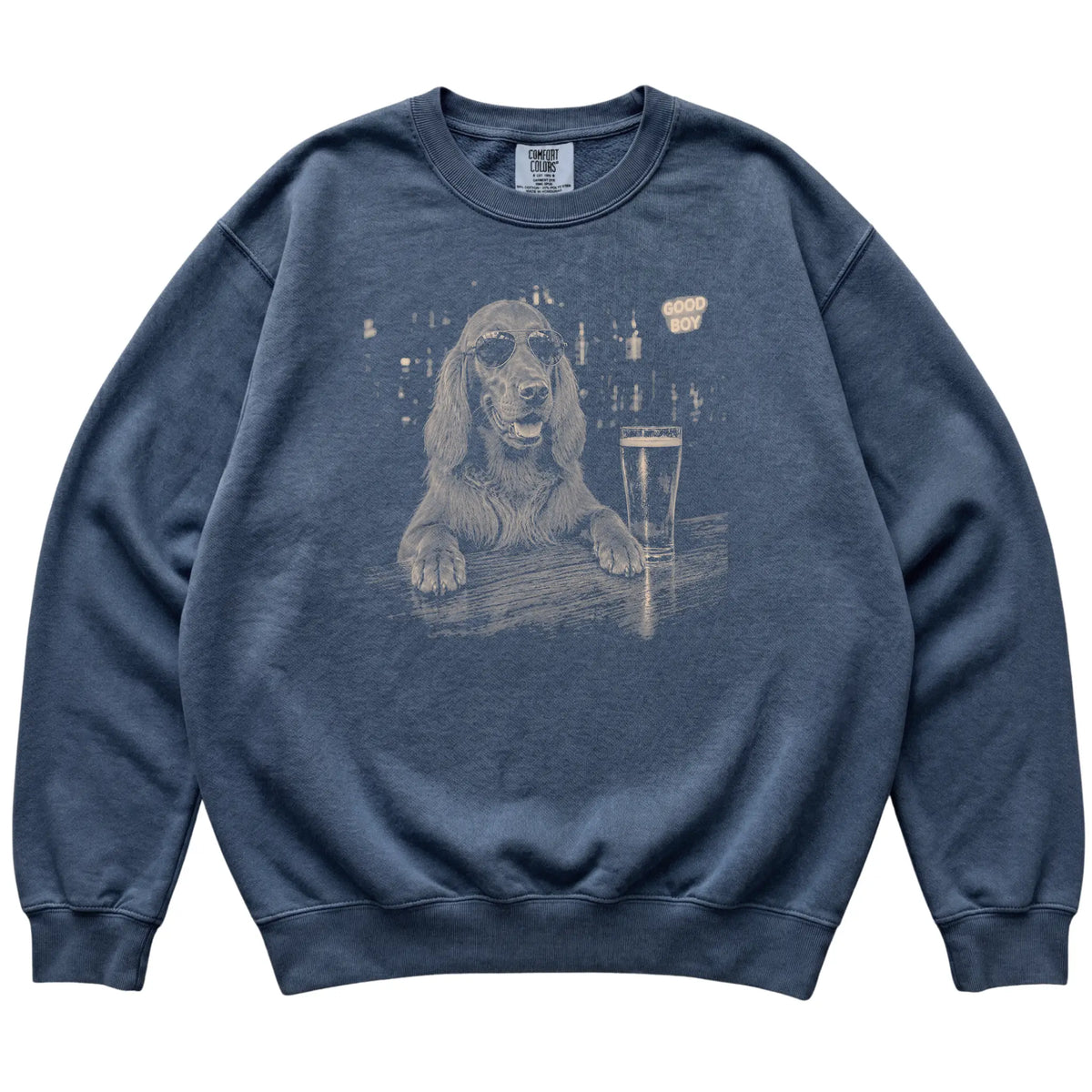 Denim Irish Setter at a bar beside a pint, laid flat