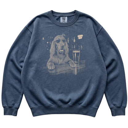Denim Irish Setter at a bar beside a pint, laid flat