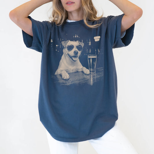 Denim Jack Russell at a bar beside a pint, worn in a studio setting