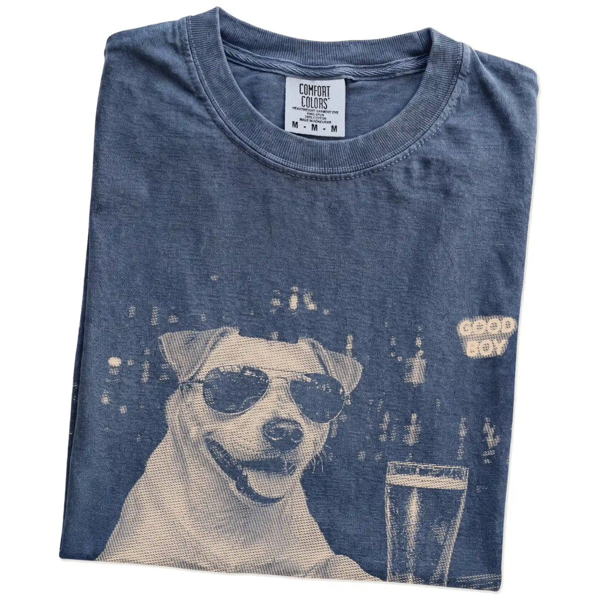 Denim Jack Russell at a bar beside a pint, folded detail view