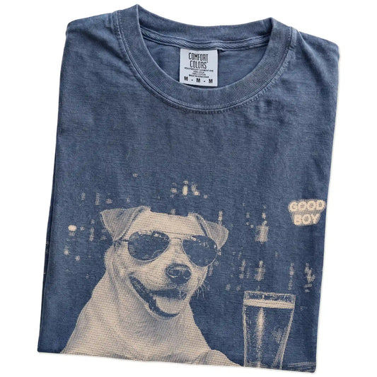 Denim Jack Russell at a bar beside a pint, folded detail view