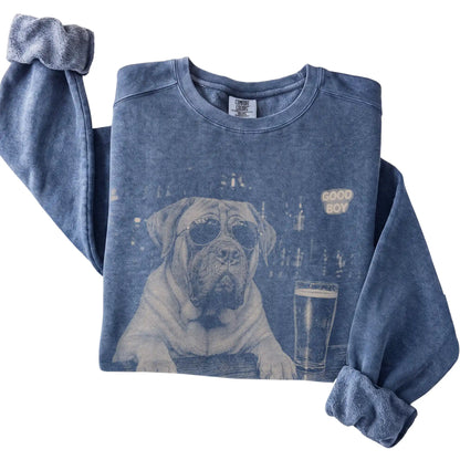 Denim Mastiff at a bar beside a pint, folded detail view