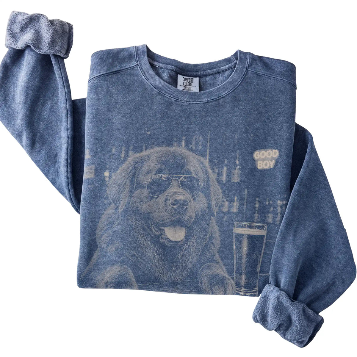 Denim Newfie at a bar beside a pint, folded detail view