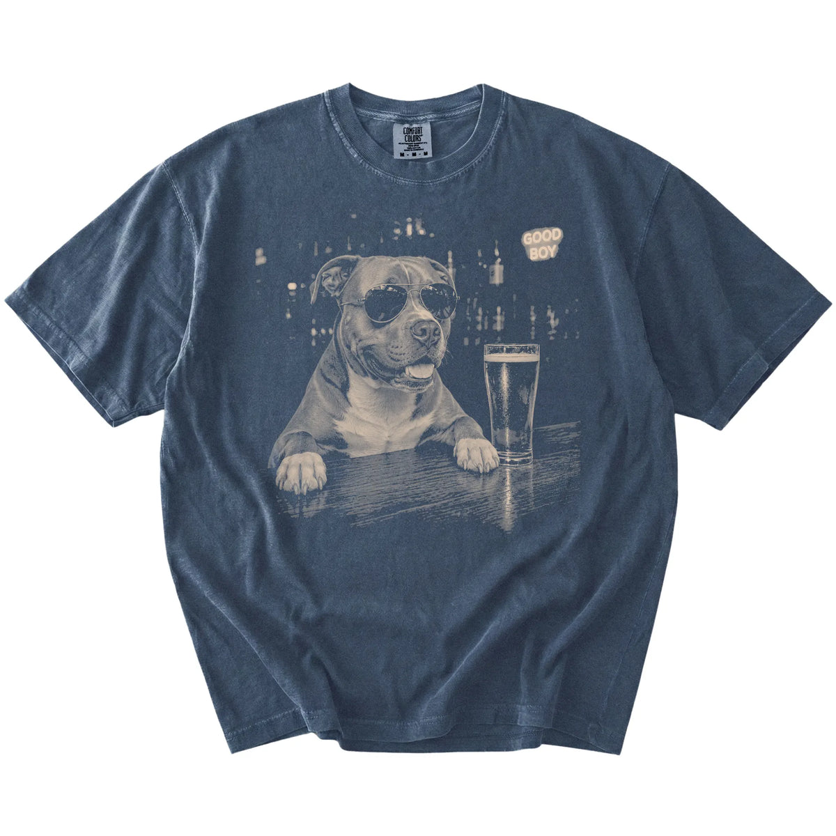 Denim Pitbull at a bar beside a pint, laid flat