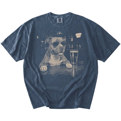 Denim Pitbull at a bar beside a pint, laid flat