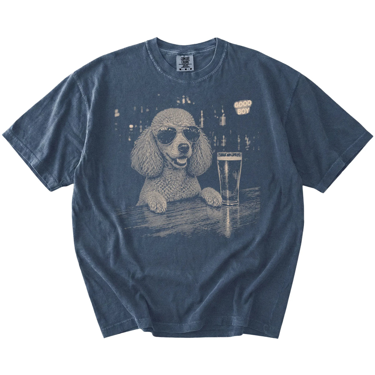 Denim Poodle at a bar beside a pint, laid flat