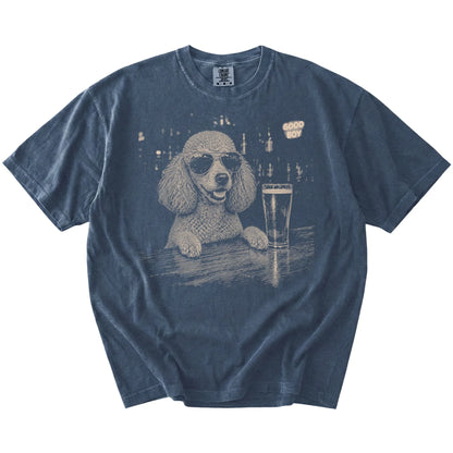 Denim Poodle at a bar beside a pint, laid flat