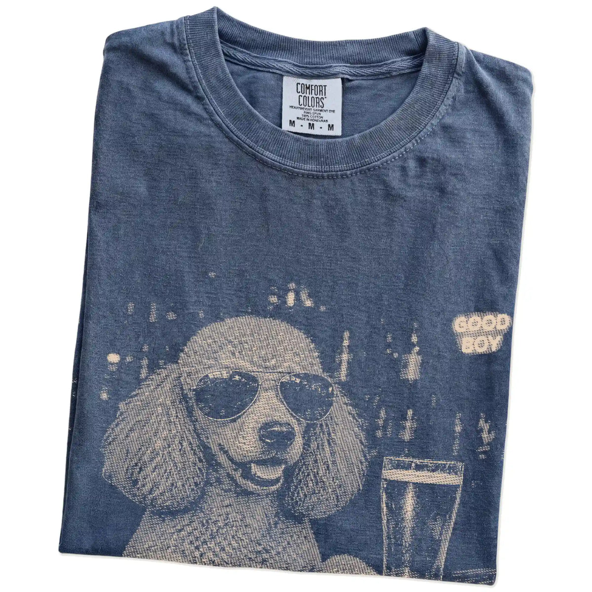 Denim Poodle at a bar beside a pint, folded detail view