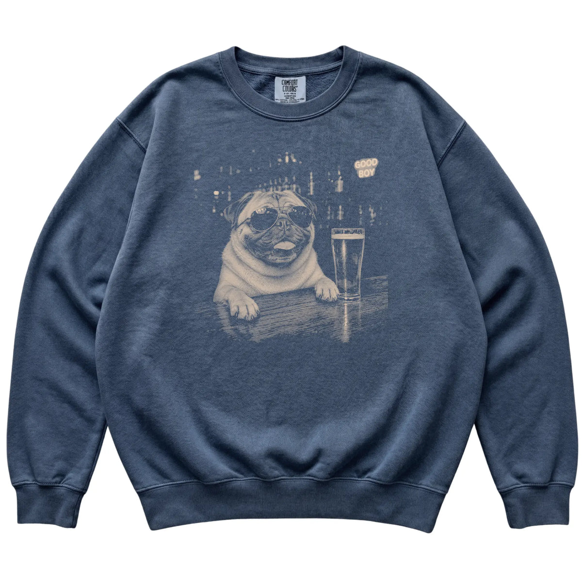 Denim Pug at a bar beside a pint, laid flat