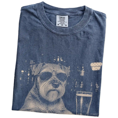 Denim Schnauzer at a bar beside a pint, folded detail view