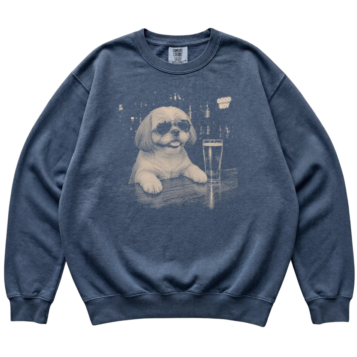 Denim Shih Tzu at a bar beside a pint, laid flat