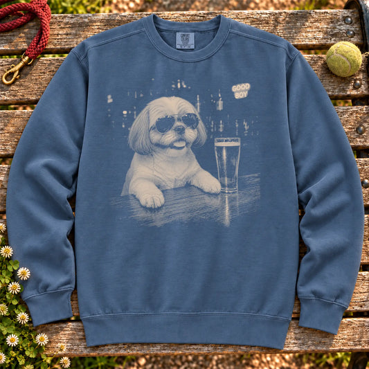 Shih Tzu Drinking Beer on a Denim crewneck sweatshirt, shown flat