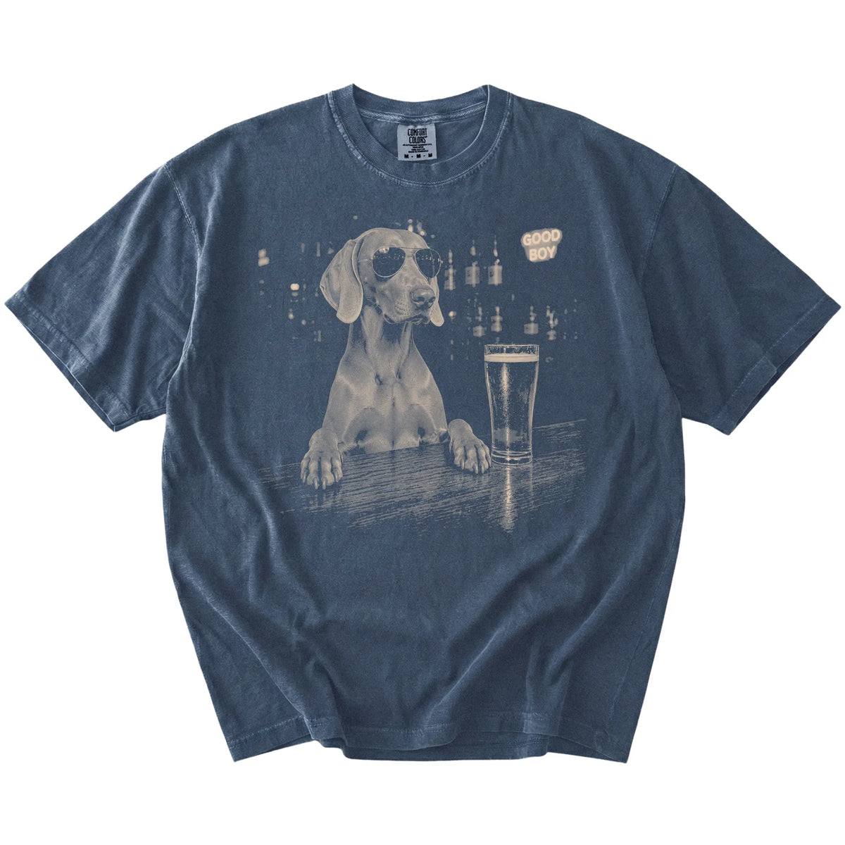 Denim Weimaraner at a bar beside a pint, laid flat