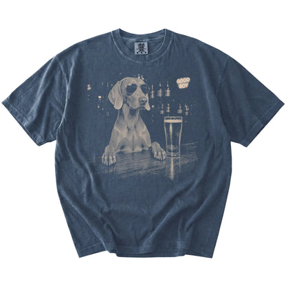 Denim Weimaraner at a bar beside a pint, laid flat