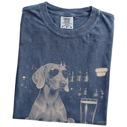 Denim Weimaraner at a bar beside a pint, folded detail view