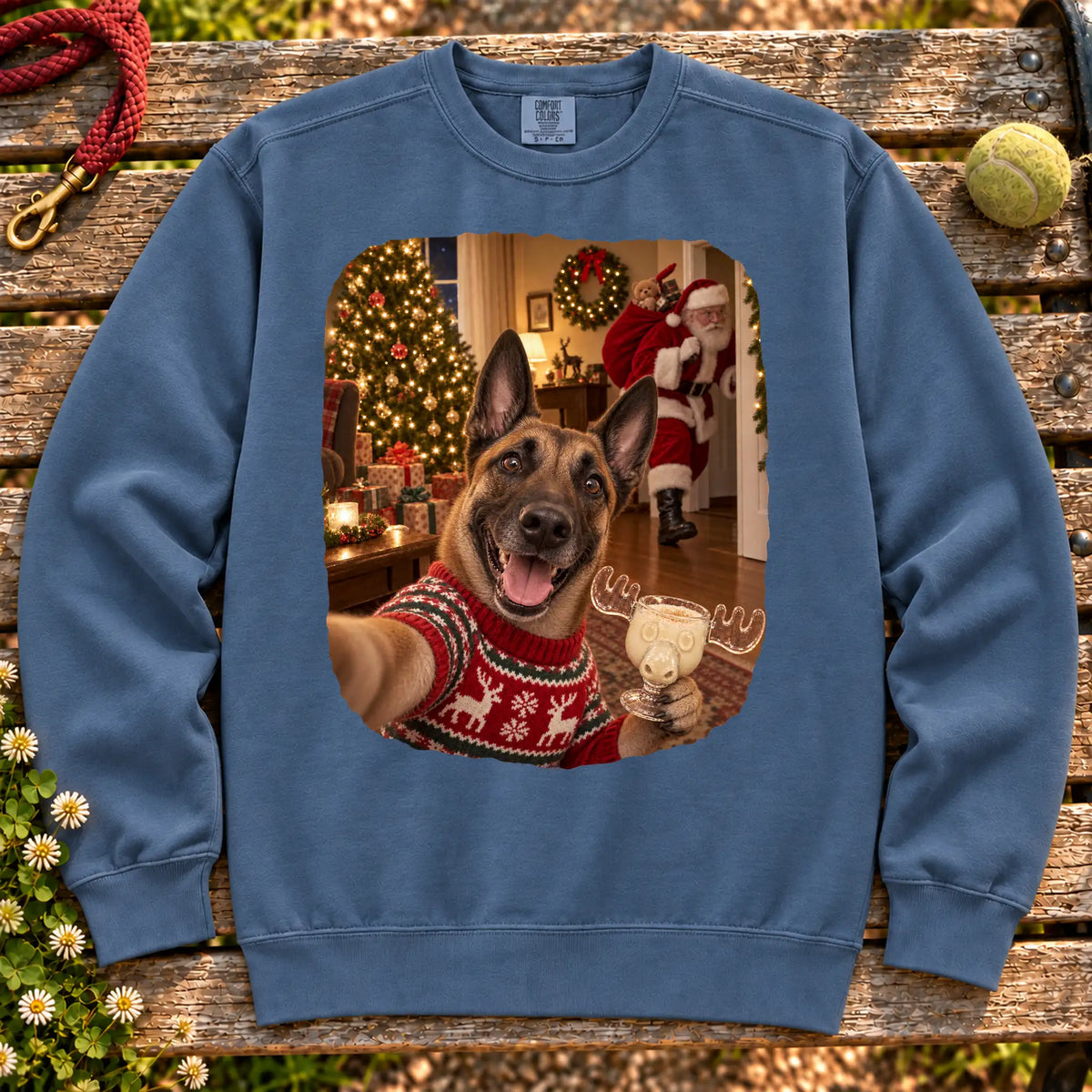 Belgian Malinois Eggnog Selfie design on a Denim Comfort Colors® sweatshirt