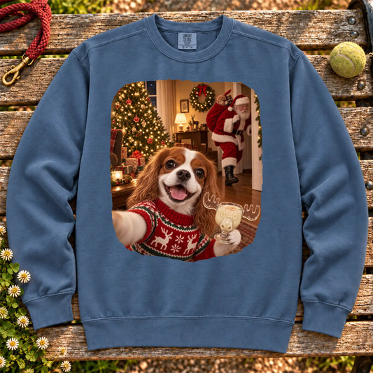 Cavalier King Charles Spaniel Eggnog Selfie design on a Denim Comfort Colors® sweatshirt