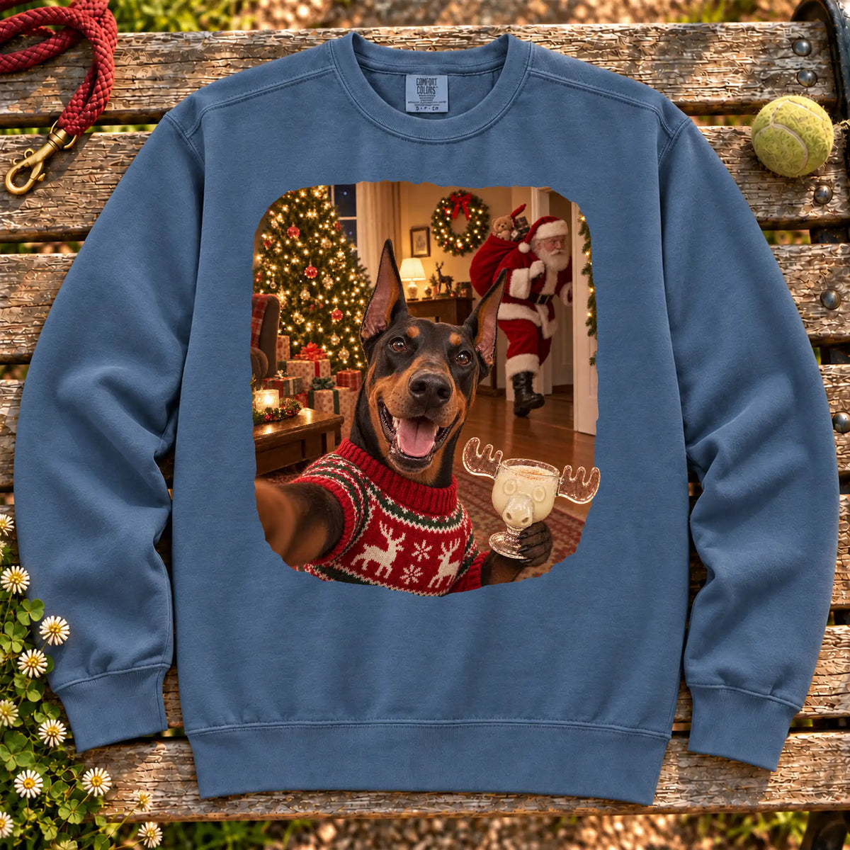 Doberman Eggnog Selfie design on a Denim Comfort Colors® sweatshirt