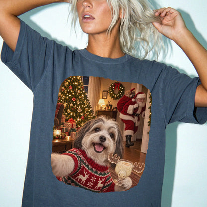 Havanese Eggnog Selfie design on a Denim Comfort Colors® T-shirt worn by a model