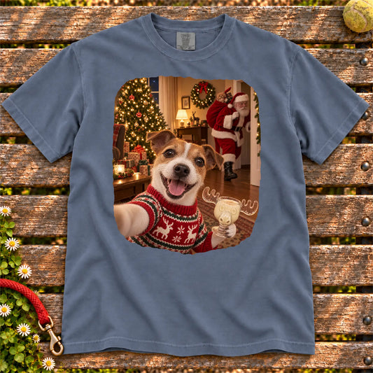 Jack Russell Eggnog Selfie design on a Denim Comfort Colors® T-shirt