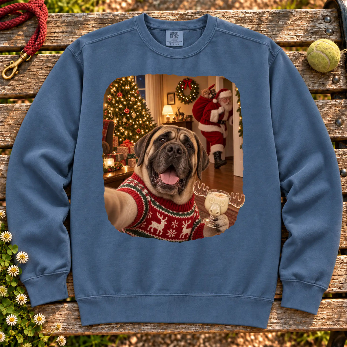 Mastiff Eggnog Selfie design on a Denim Comfort Colors® sweatshirt