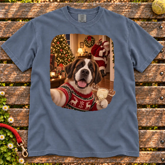 Saint Bernard Eggnog Selfie design on a Denim Comfort Colors® T-shirt