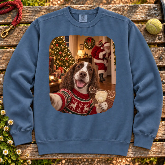 Springer Spaniel Eggnog Selfie design on a Denim Comfort Colors® sweatshirt