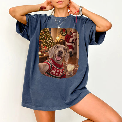 Weimaraner Eggnog Selfie design on a Denim Comfort Colors® T-shirt worn by a model