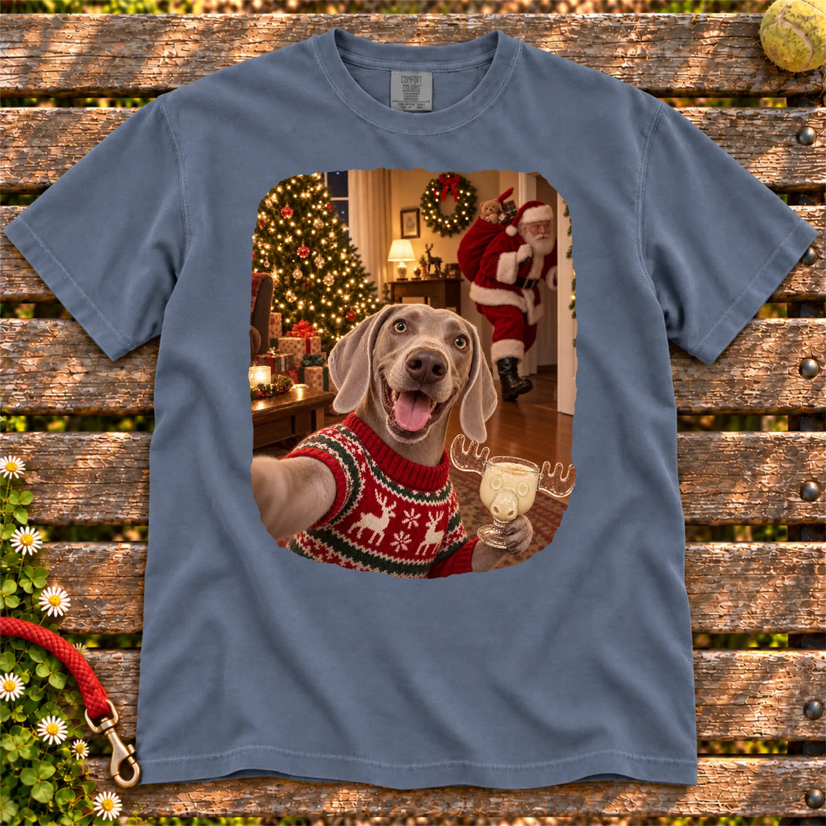 Weimaraner Eggnog Selfie design on a Denim Comfort Colors® T-shirt