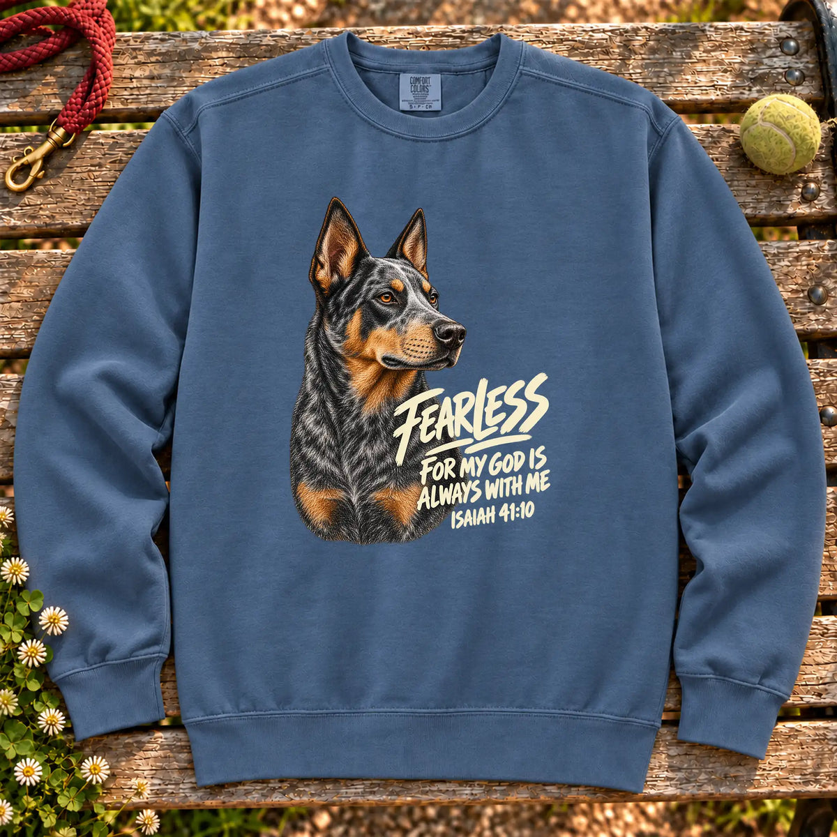 Denim Fearless Blue Heeler sweatshirt with Isaiah 41:10
