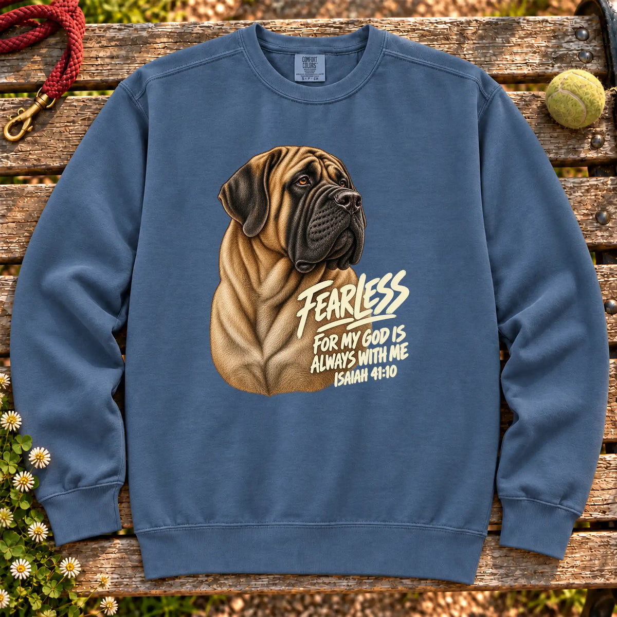Denim Fearless Mastiff sweatshirt with Isaiah 41:10