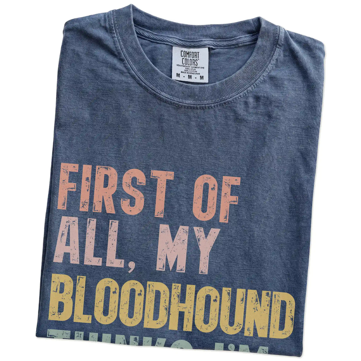 Folded Denim Comfort Colors® T-shirt showing “My Bloodhound thinks I’m delightful” text