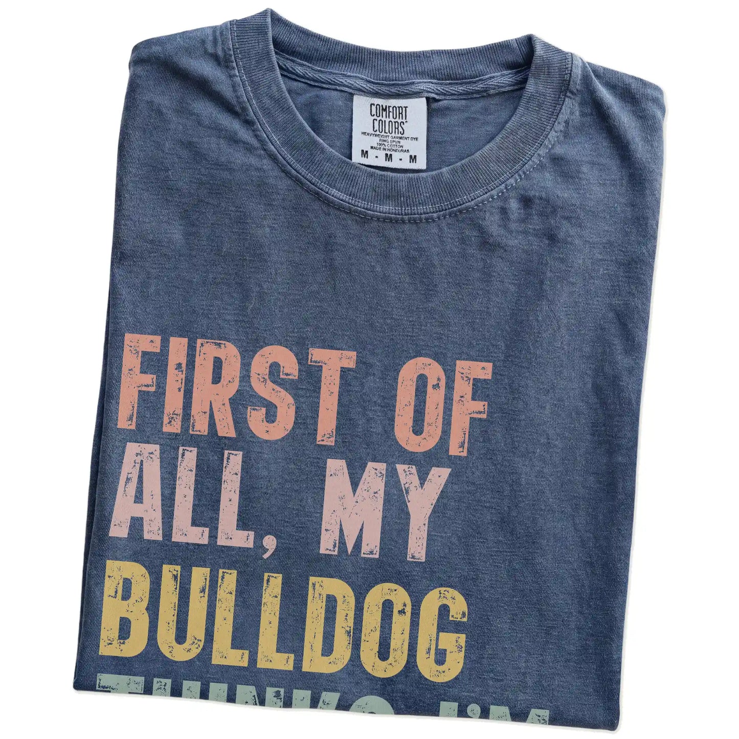 Folded Denim Comfort Colors® T-shirt showing “My Bulldog thinks I’m delightful” text
