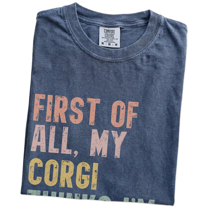 Folded Denim Comfort Colors® T-shirt showing “My Corgi thinks I’m delightful” text