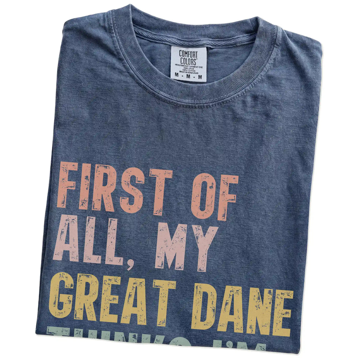 Folded Denim Comfort Colors® T-shirt showing “My Great Dane thinks I’m delightful” text